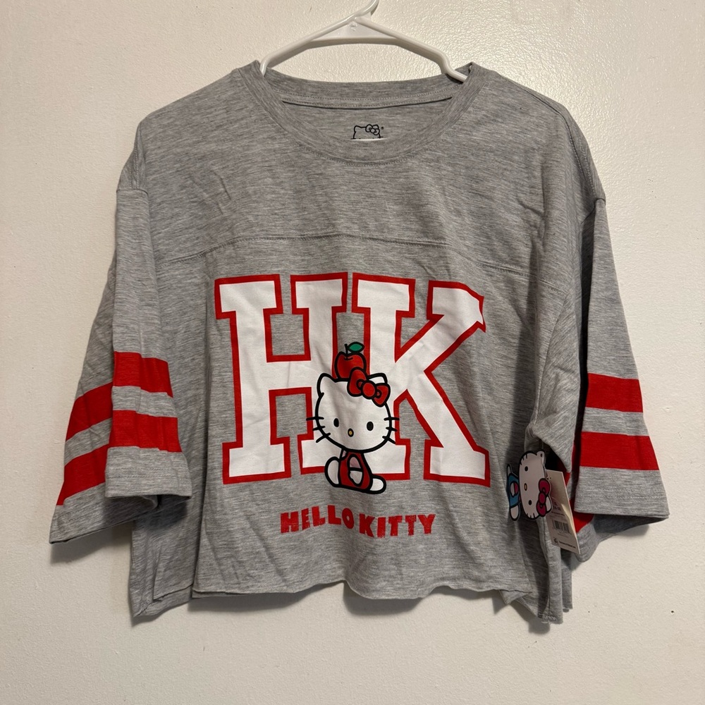 Hello Kitty Gray Tee with Red Stripes Women’s Size XL Crop Top New